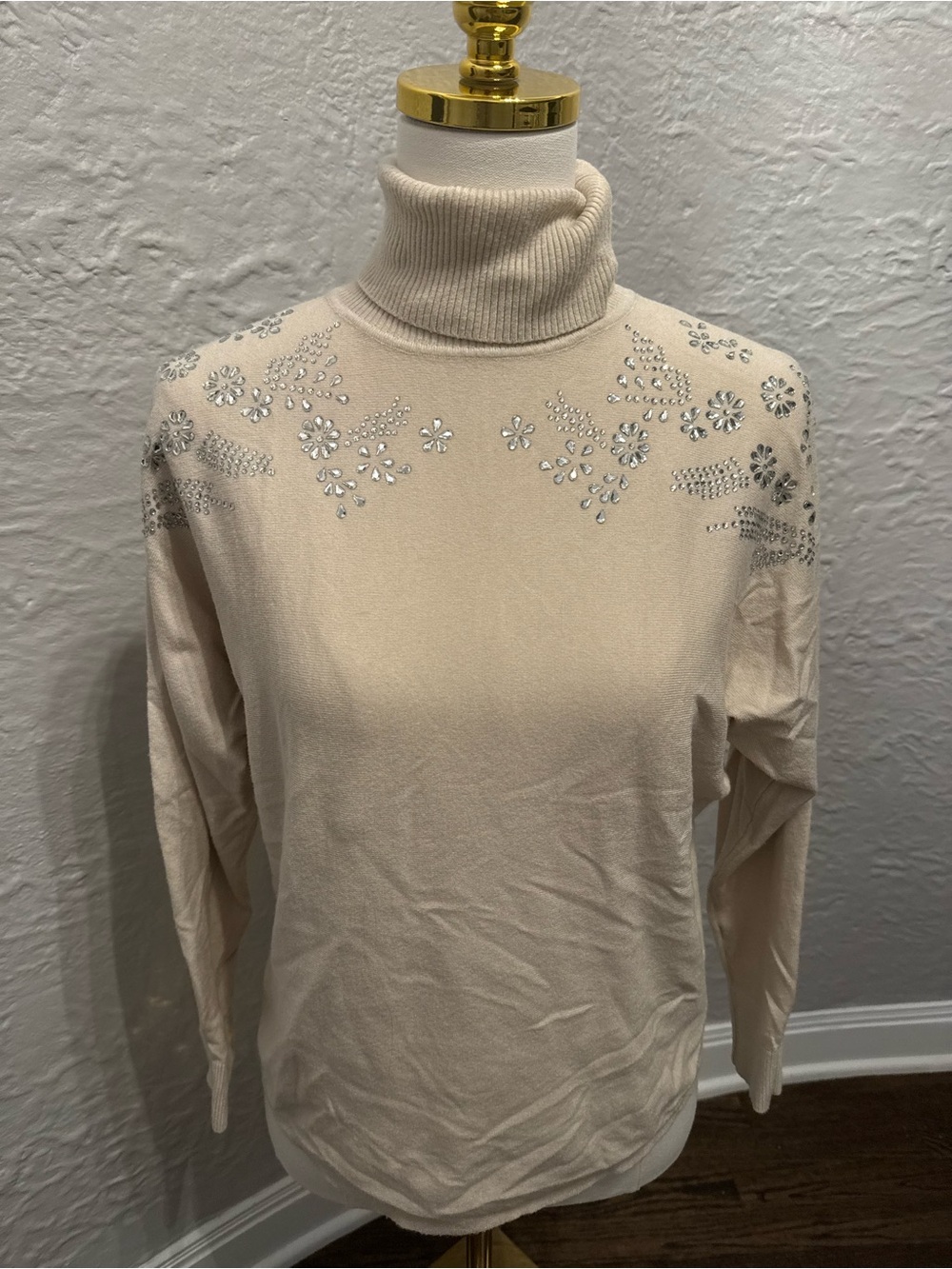 LIV Milano Embellished Cream Turtleneck Sweater